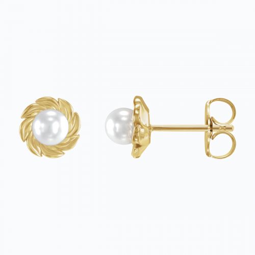 Leaf Motif Cultured Akoya Pearl Stud Earring, 14k Yellow Gold